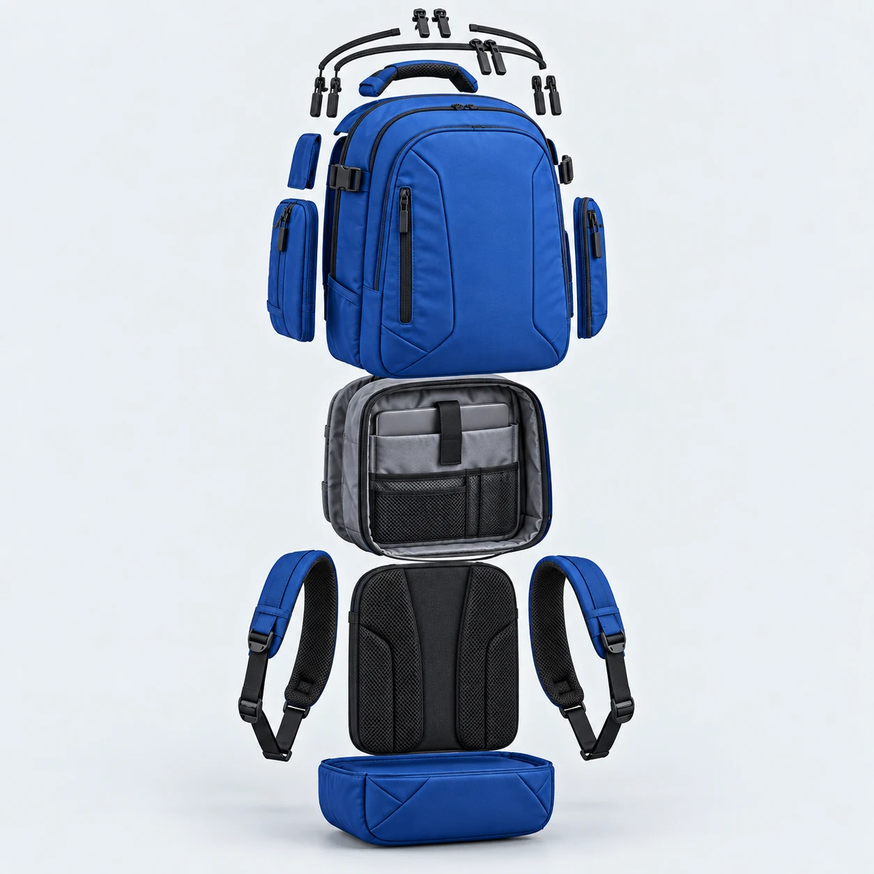 Exploded assembly concept showing backpack components